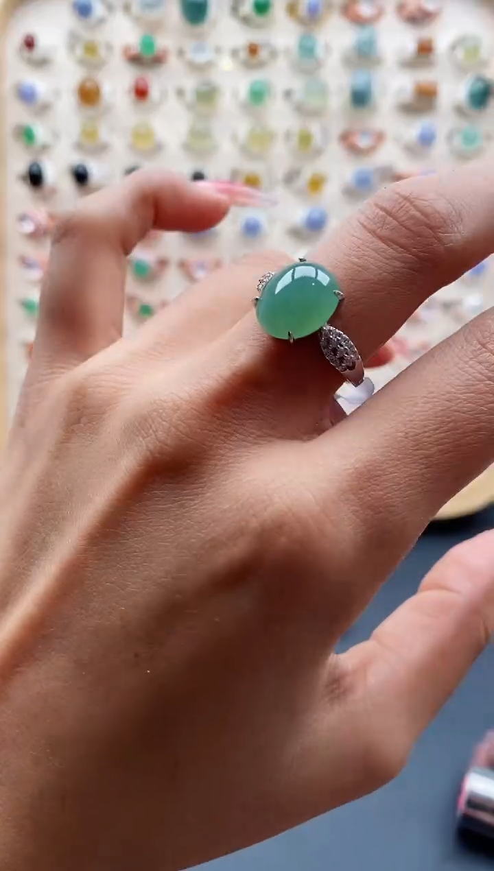【闪购商品】翡翠戒指银S925镶嵌缅甸天然A货翡翠444   5+8