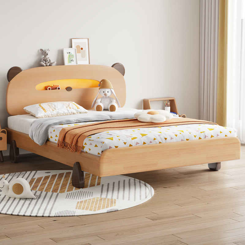 原木风北欧可移动可升降双人床简约风儿童房榉木小熊榉木实木床