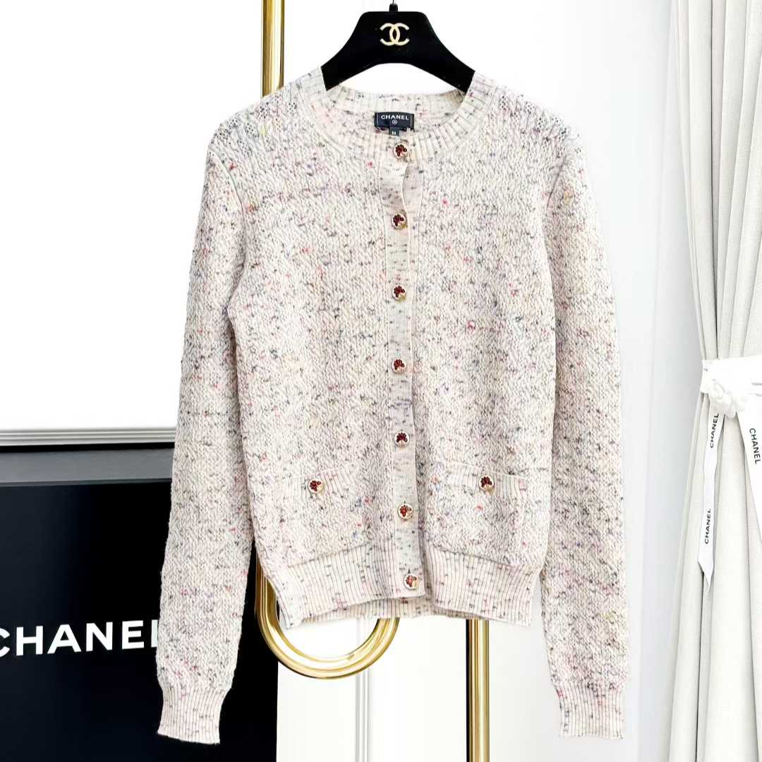 99新 Chanel/香奈儿 36码25A燕麦色混色圆领长袖针织开衫