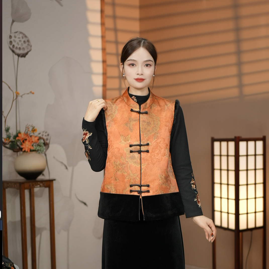 新中式立领拼接丝绒加棉马甲