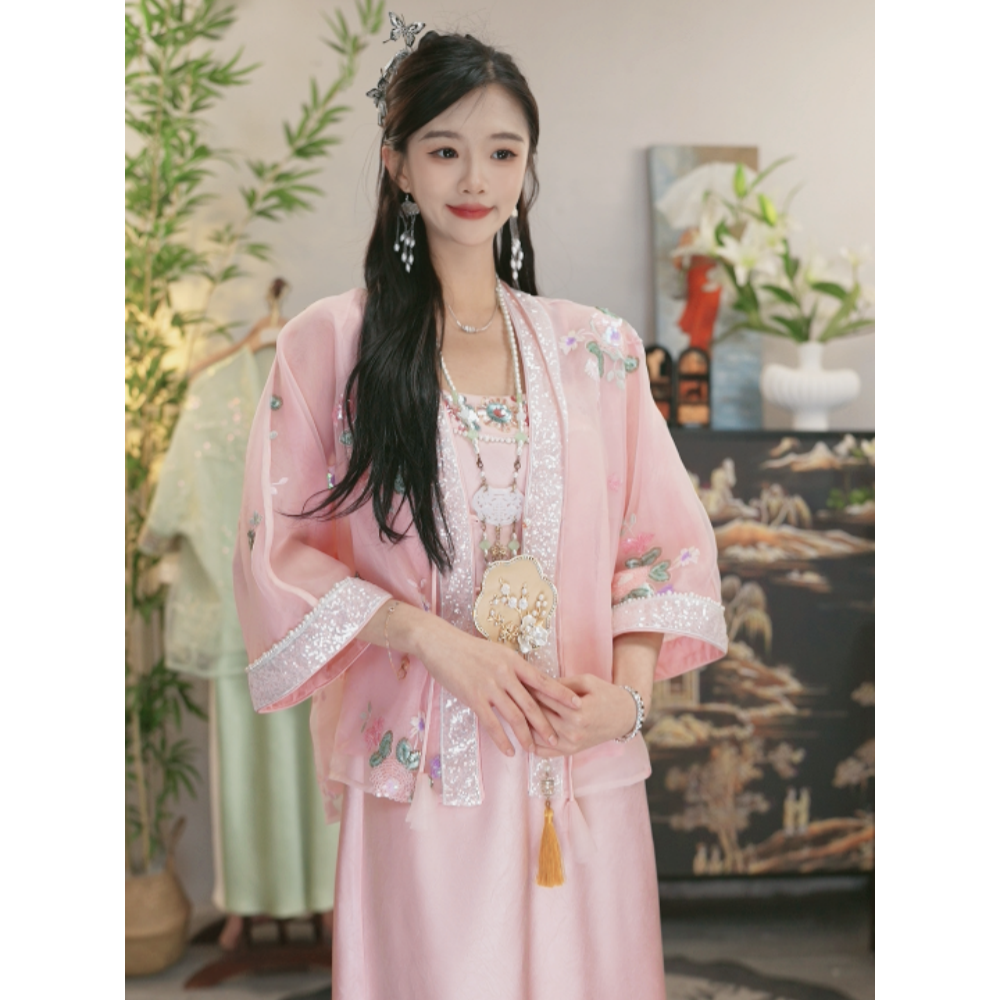 夏维莲2025春季新款中国风古风飘逸日常樱粉仙气套装（6713+6643）
