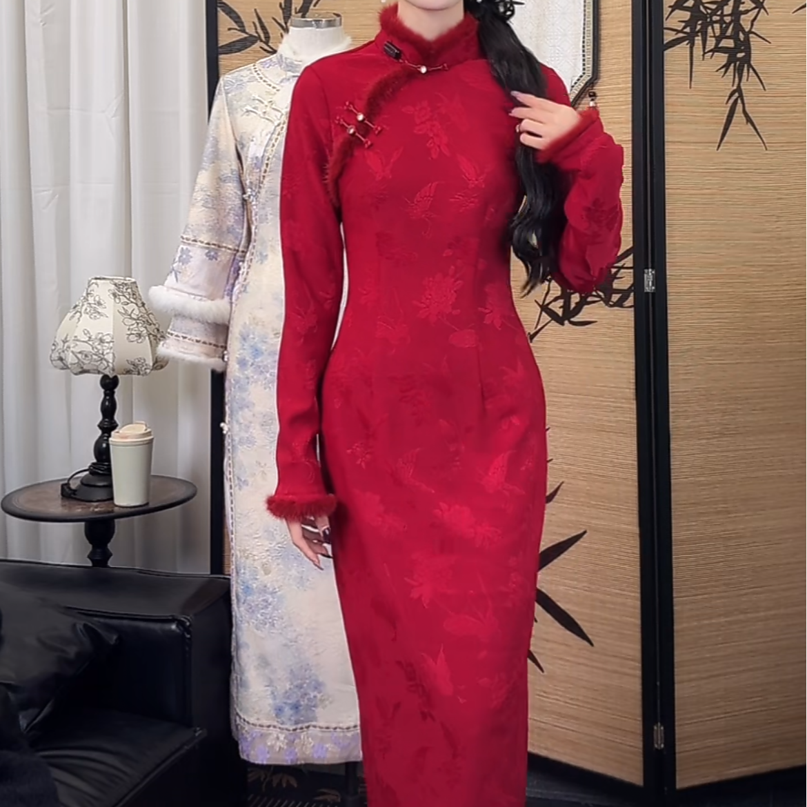 【鎏金上新】原创自制厚款针织水貂毛秋冬旗袍 红墙蝴蝶长袖旗袍