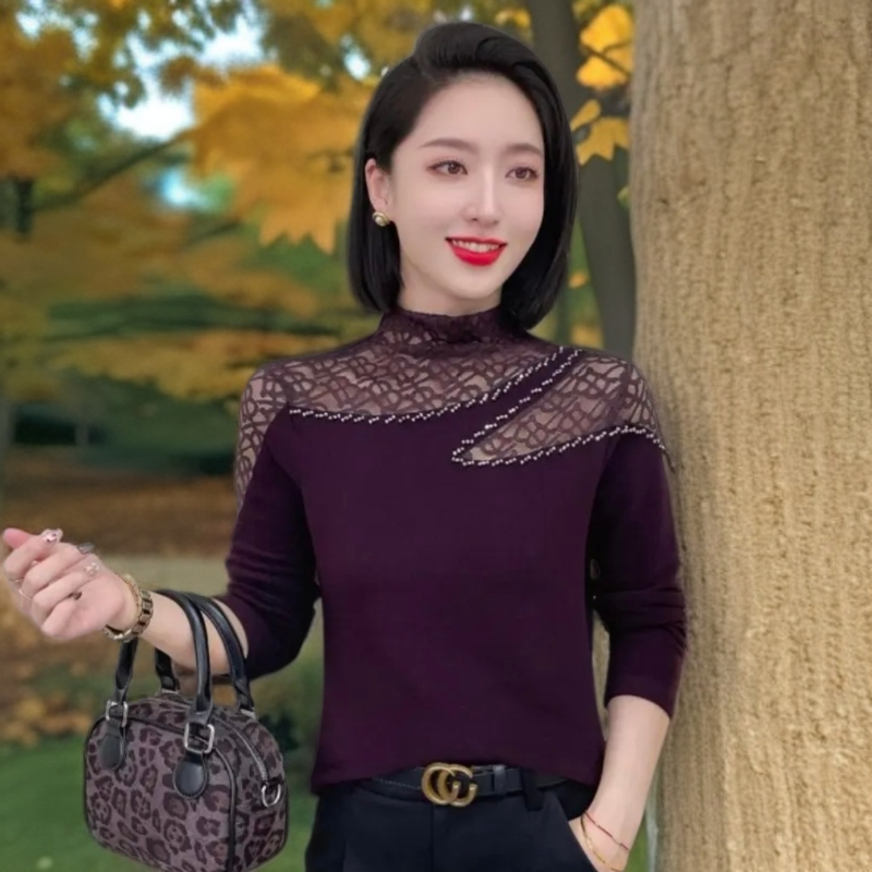 秋冬新品加绒保暖高贵气质半高领镂空串珠时尚百搭小衫显瘦上衣女
