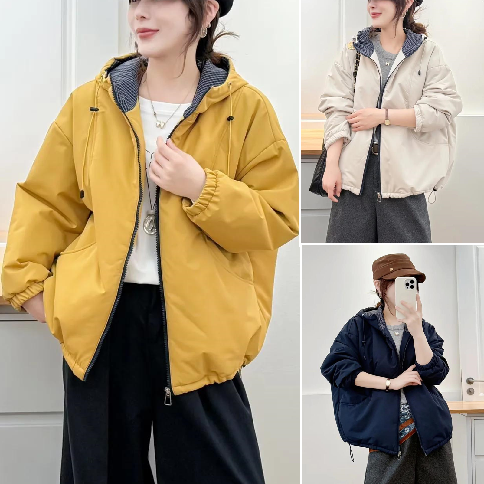 冬装新款女款女装胖mm棉衣炸街中年格子连帽加厚棉袄棉服女