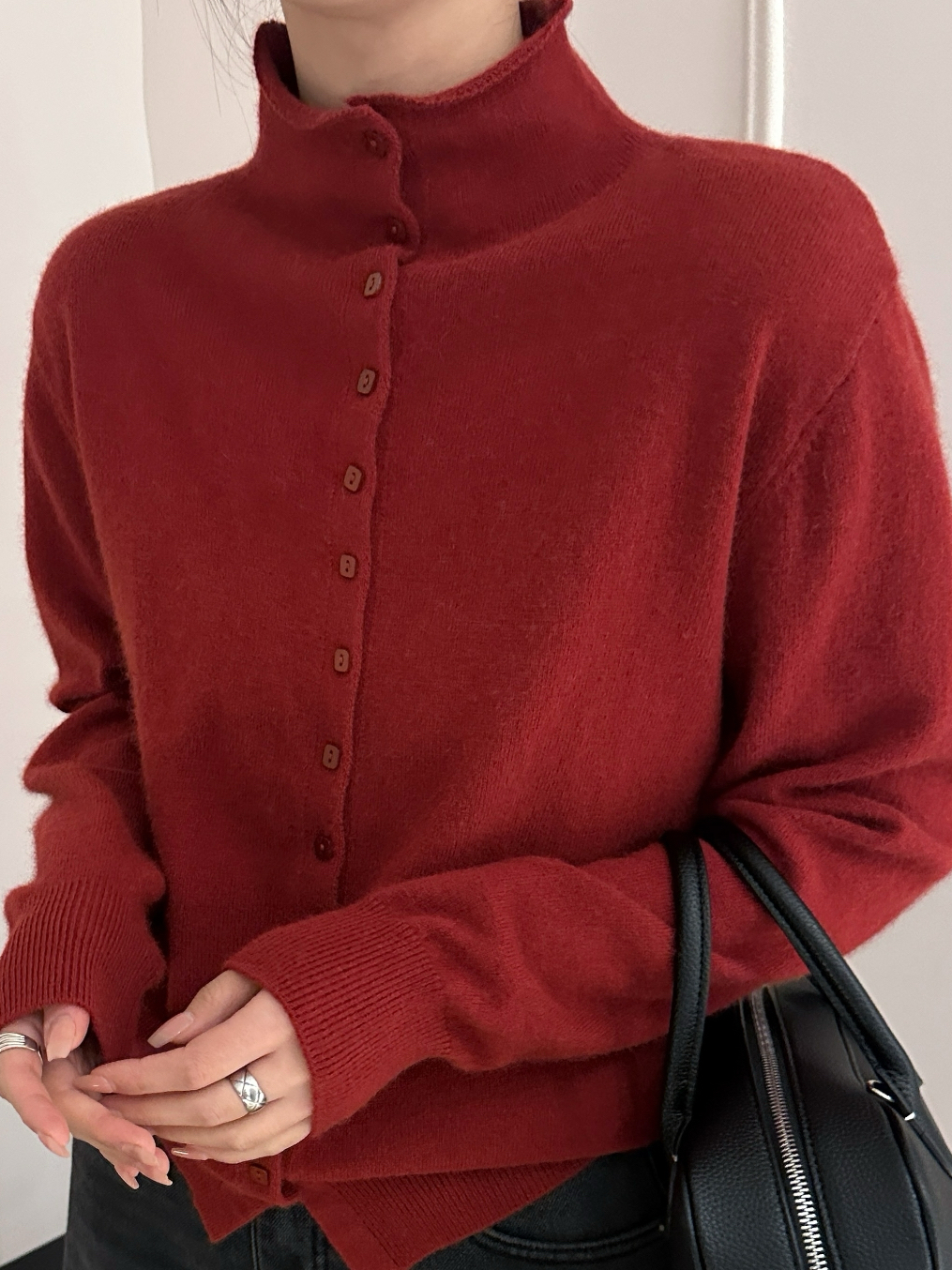 18812【迪好甄选】春季韩系立领单排方扣拼色高级感百搭毛衣上衣