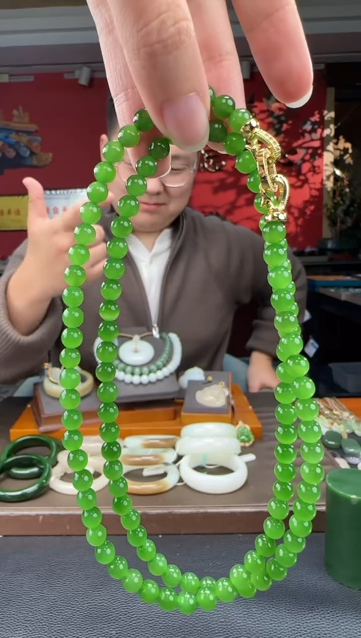 颈饰未镶嵌和田玉碧玉辣果绿108颗多圈卡6