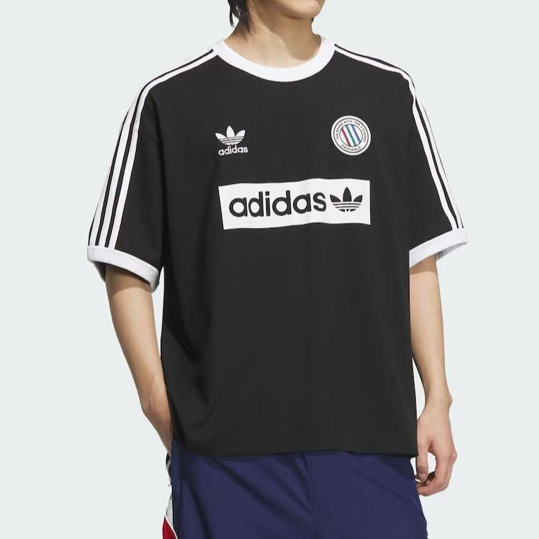 阿迪达斯三叶草男装2025秋款黑白撞色复古足球风休闲T恤KC2603