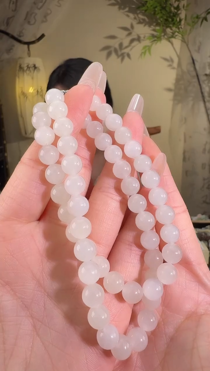 和田玉未镶嵌颈饰白玉项链  8mm