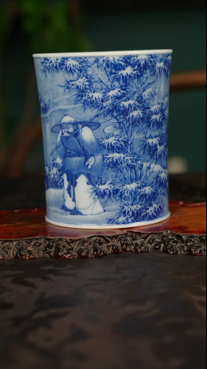 画堂春余忠可青花手绘雪渔杯