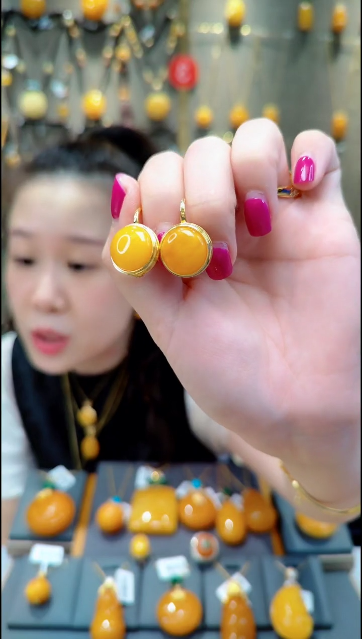 银S925镀金镶嵌蜜蜡耳饰﹣C205蜜蜡耳坠