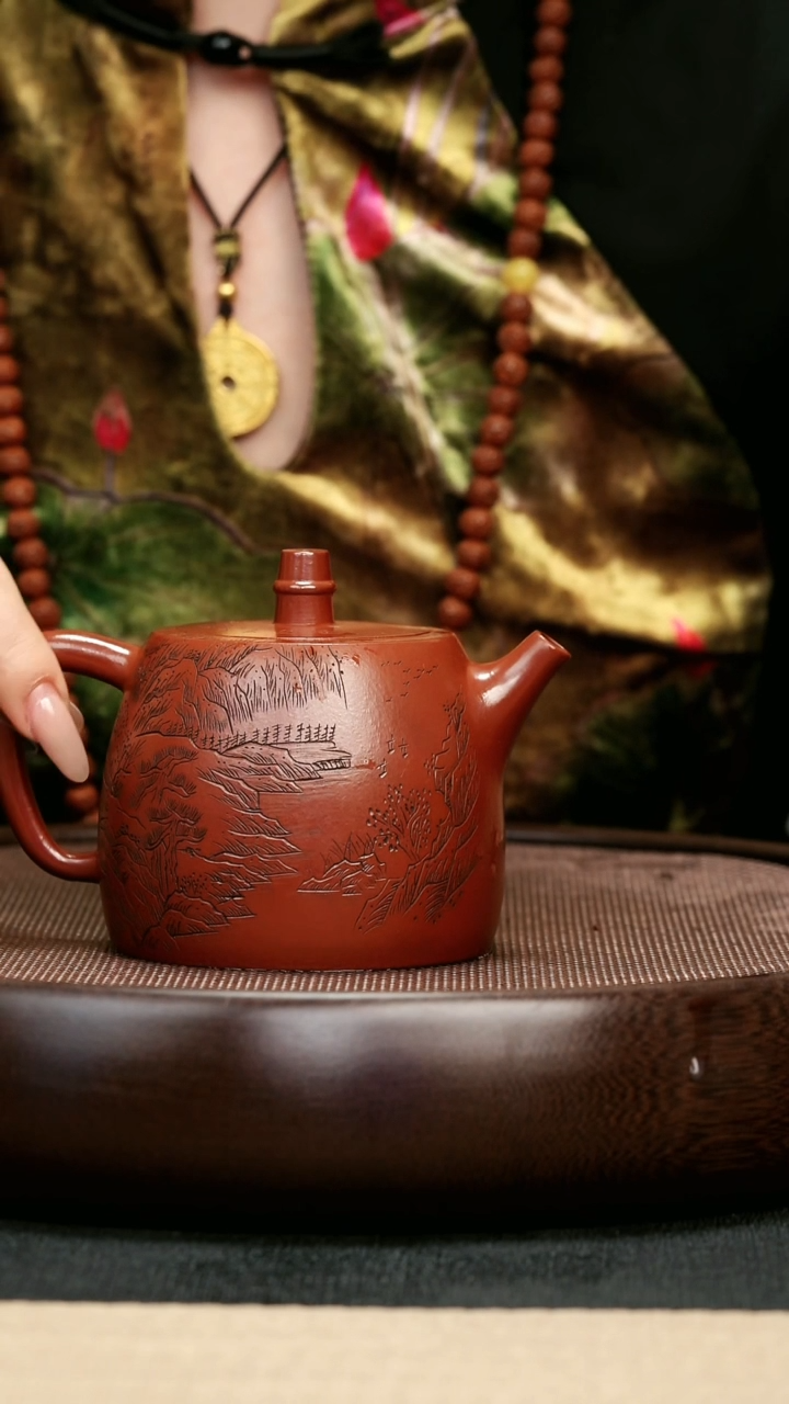 【闪购商品】紫砂茶壶78大红袍刻绘汉铎壶