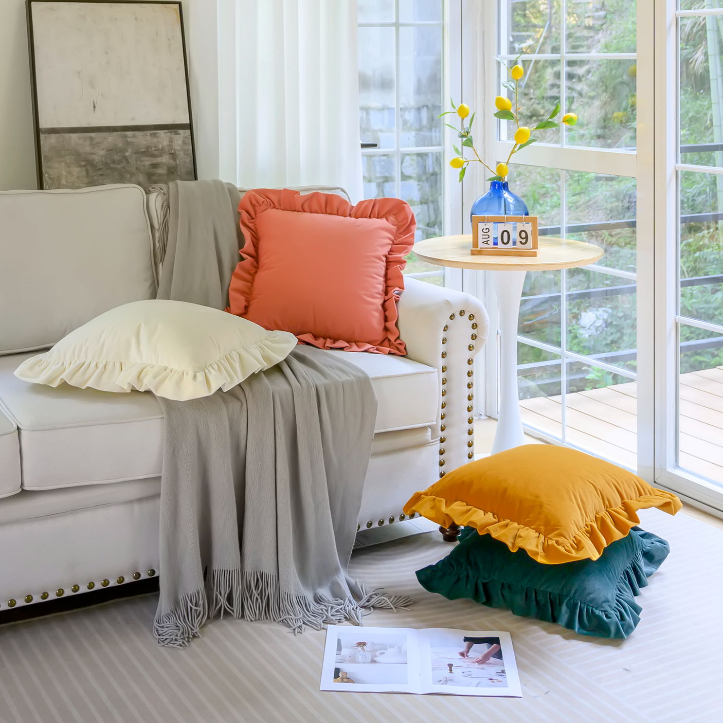 外贸尾单 绒布荷叶边靠枕抱枕不含枕芯可拆卸可机洗