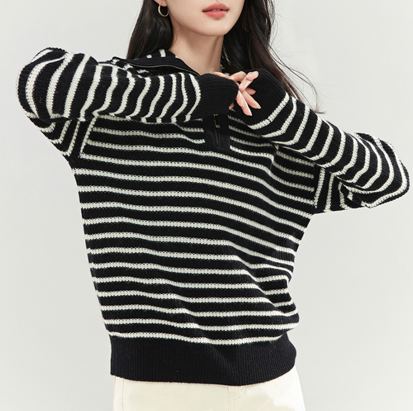 【100%绵羊毛】翻领条纹针织羊毛衫YMC012289