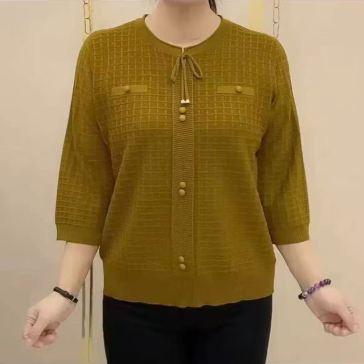 2025春秋新款时尚百搭七分袖针织衫气质简约休闲显瘦宽松上衣女