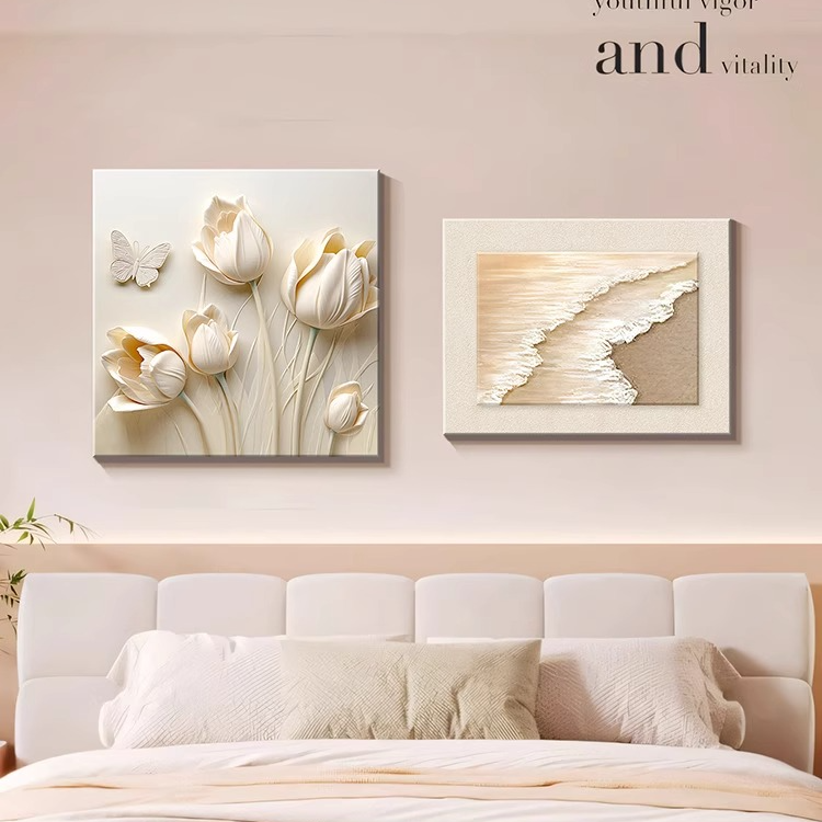 奶油风郁金香床头装饰画夫妻情侣卧室房间花卉挂画卧室床头装饰画