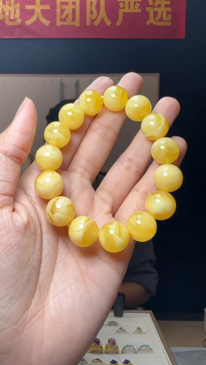 【闪购商品】琥珀手链未镶嵌约13mm俄料白花蜡蜜蜡圆珠单圈手串