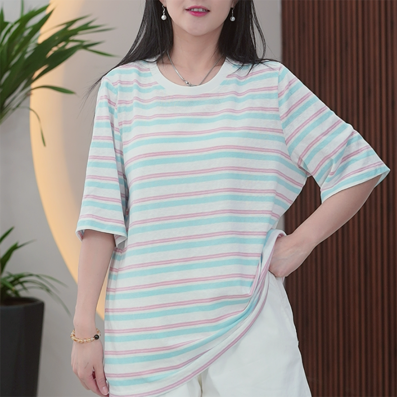云彩棉正肩T恤女条纹大码减龄时尚百搭轻薄透气夏季拼色显瘦上衣