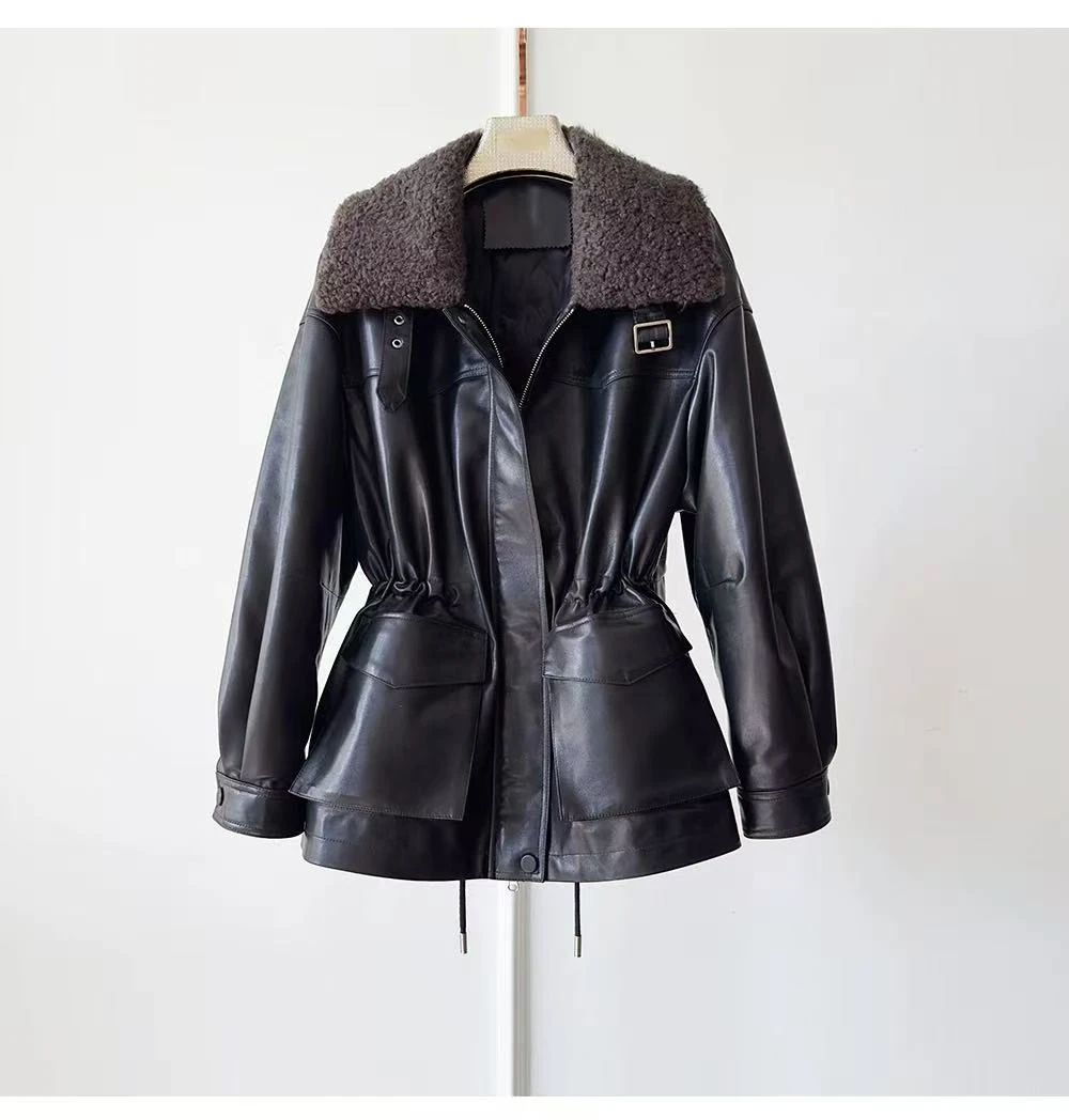 2025冬季新款海宁皮衣女翻领宽松绵羊皮中长款白鸭绒时尚收腰皮衣