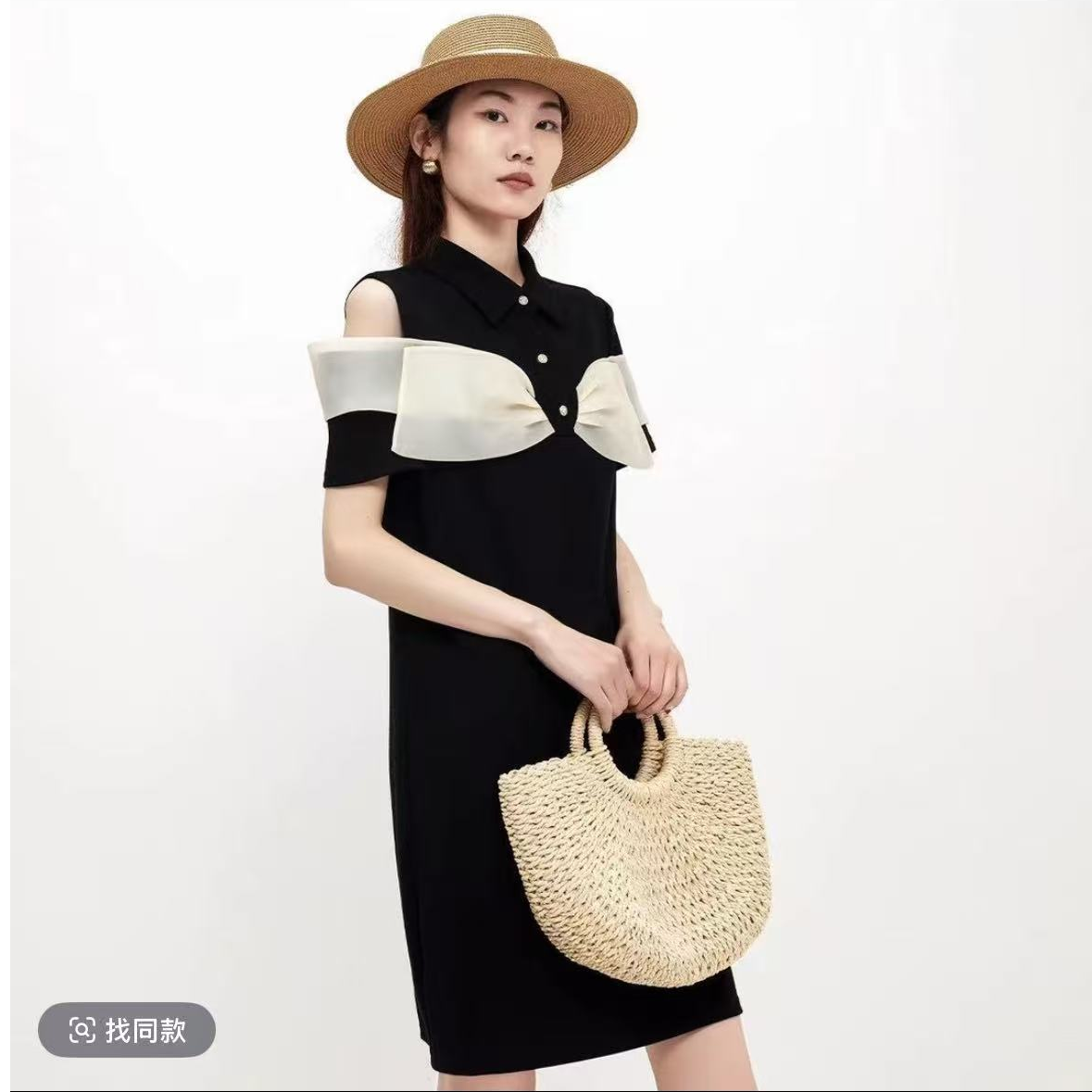 轻熟风泡泡袖挂脖款连衣裙中腰波点撞色收腰短袖洋气