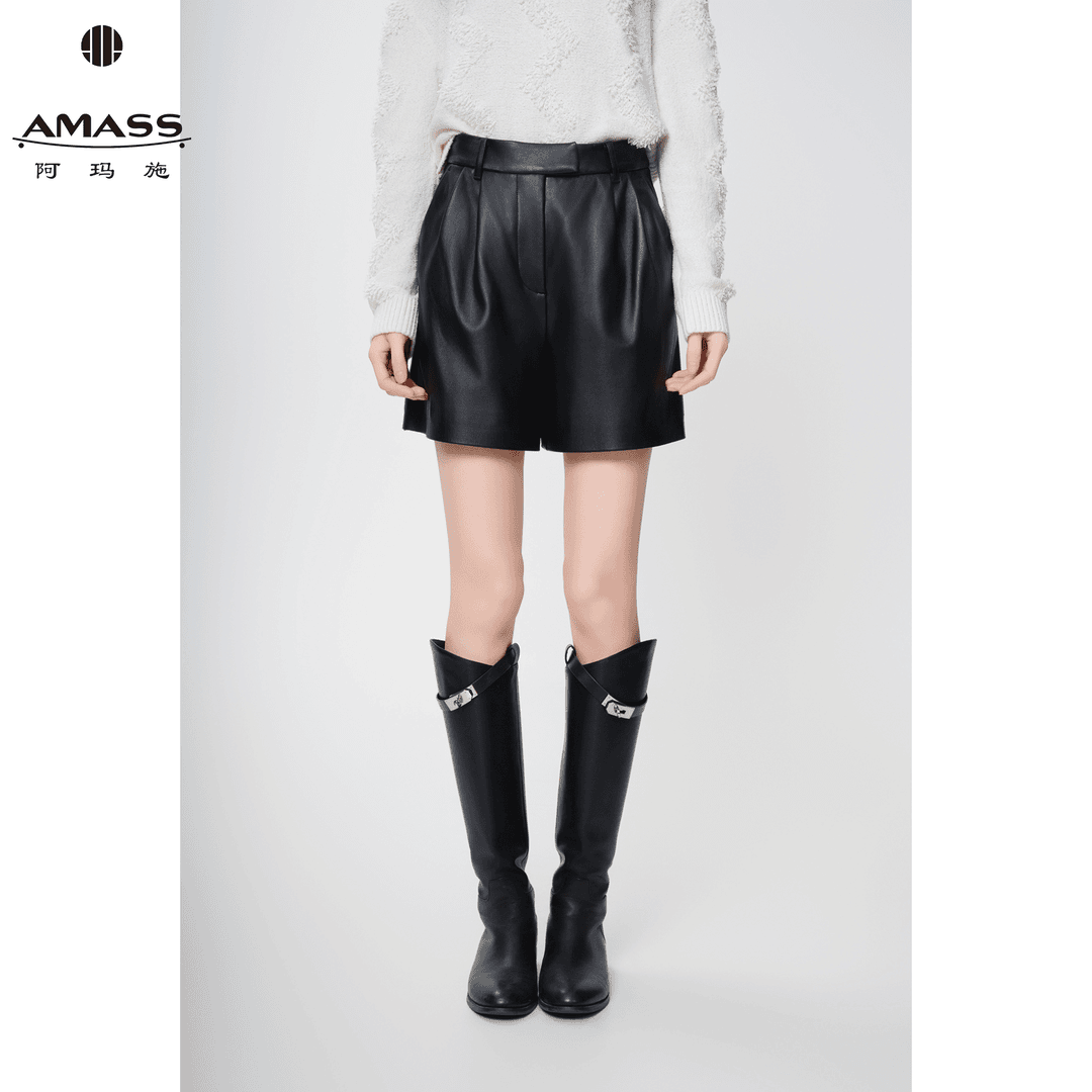 AMASS/阿玛施经典气质百搭时尚显瘦高腰黑色羊皮革短裤女 5100511