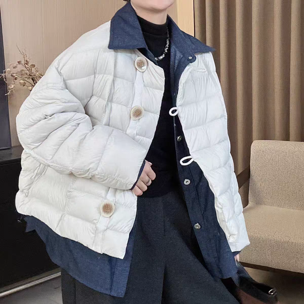 POLO领拼接女款艺术绗线短羽绒服秋冬短款百搭翻领12326