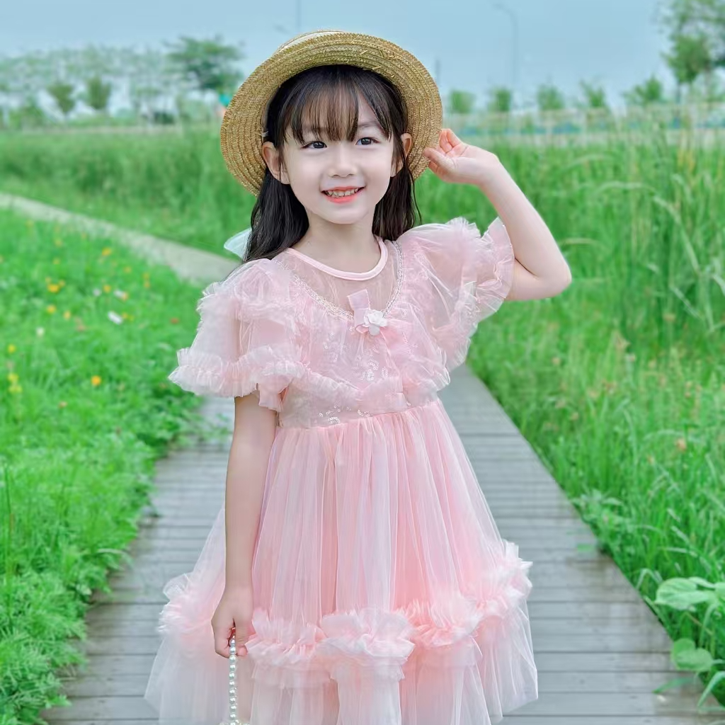 女童夏季粉色花朵亮片木耳边纱裙公主裙（直播专享）