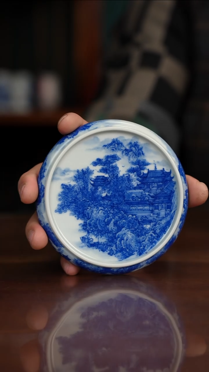 自成堂柴窑青花蓬莱仙境盖置