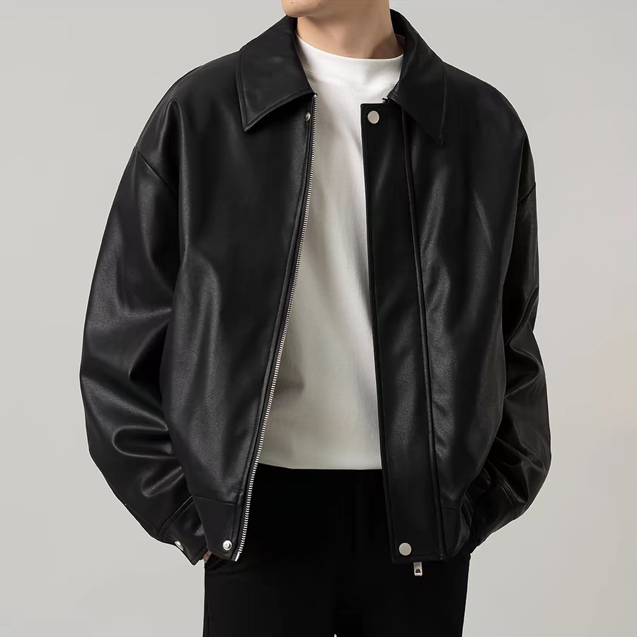 秋季新款机车短款翻领夹克高级感男装潮流痞帅宽松皮衣外套25705