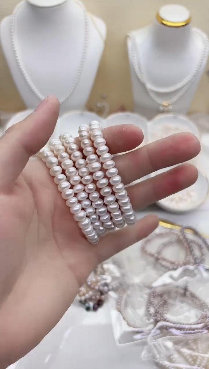 银S925镶嵌手链淡水珍珠极光白馒头珠7mm