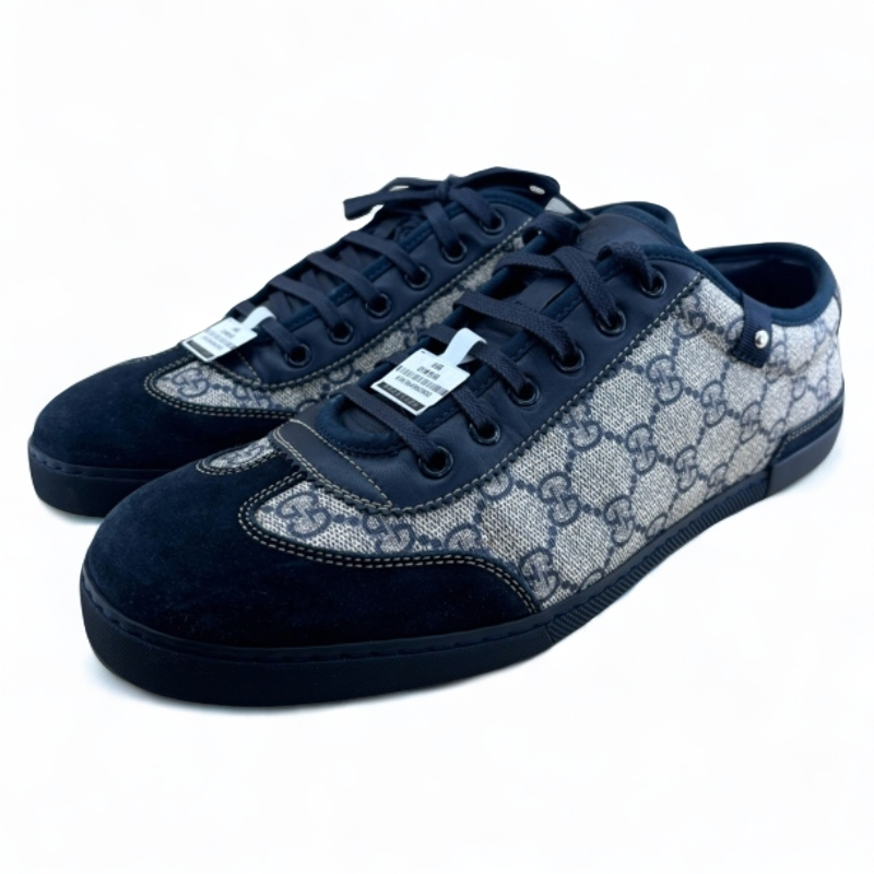 95新 GUCCI/古驰 经典海军蓝老花满印麂皮低帮板鞋