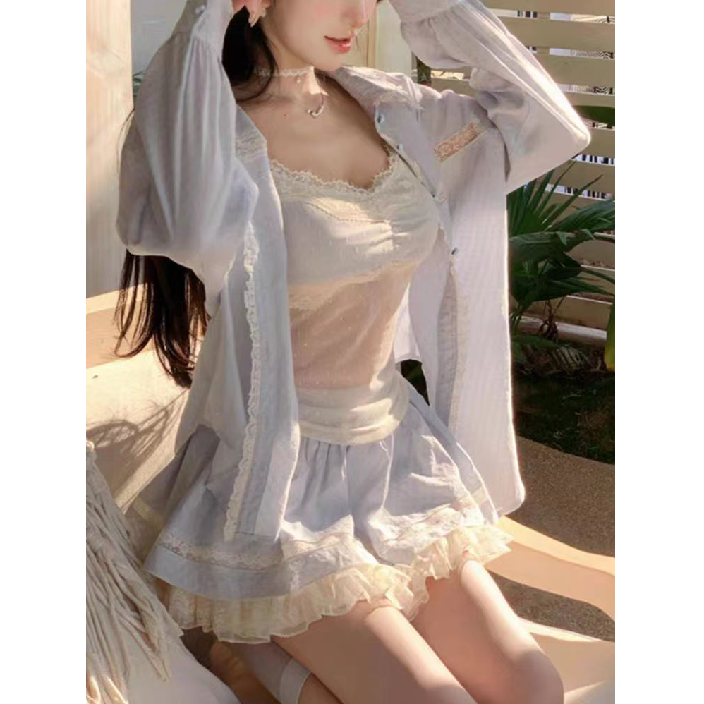 【小美】大码春季法式纯欲甜美蕾丝宽松衬衫镂空背心短裙套装10806