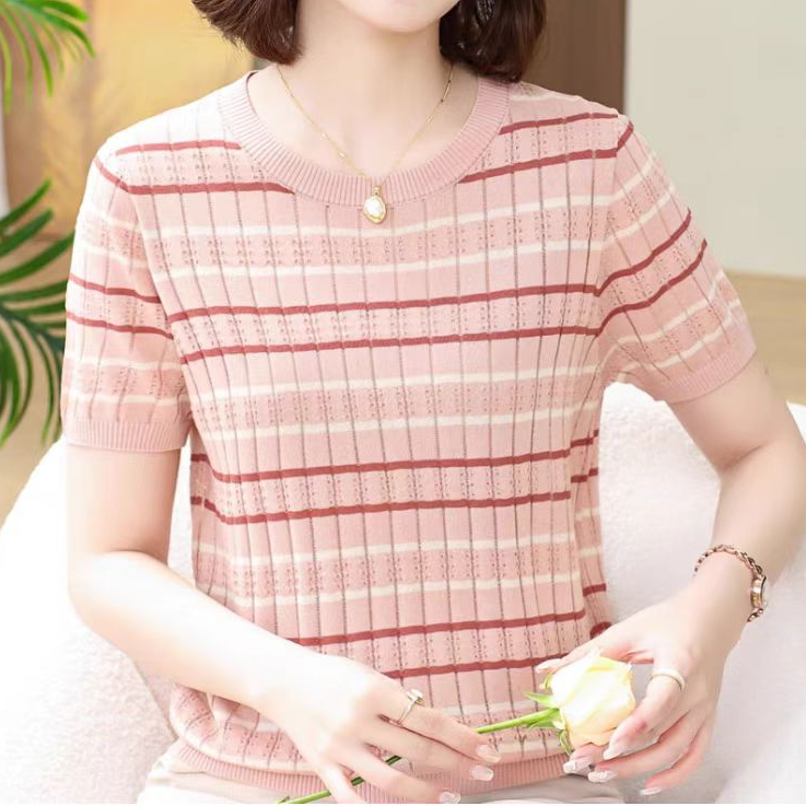 【大婷】韩版条纹针织衫圆领短袖T恤女2025夏季新款休闲宽松上衣300