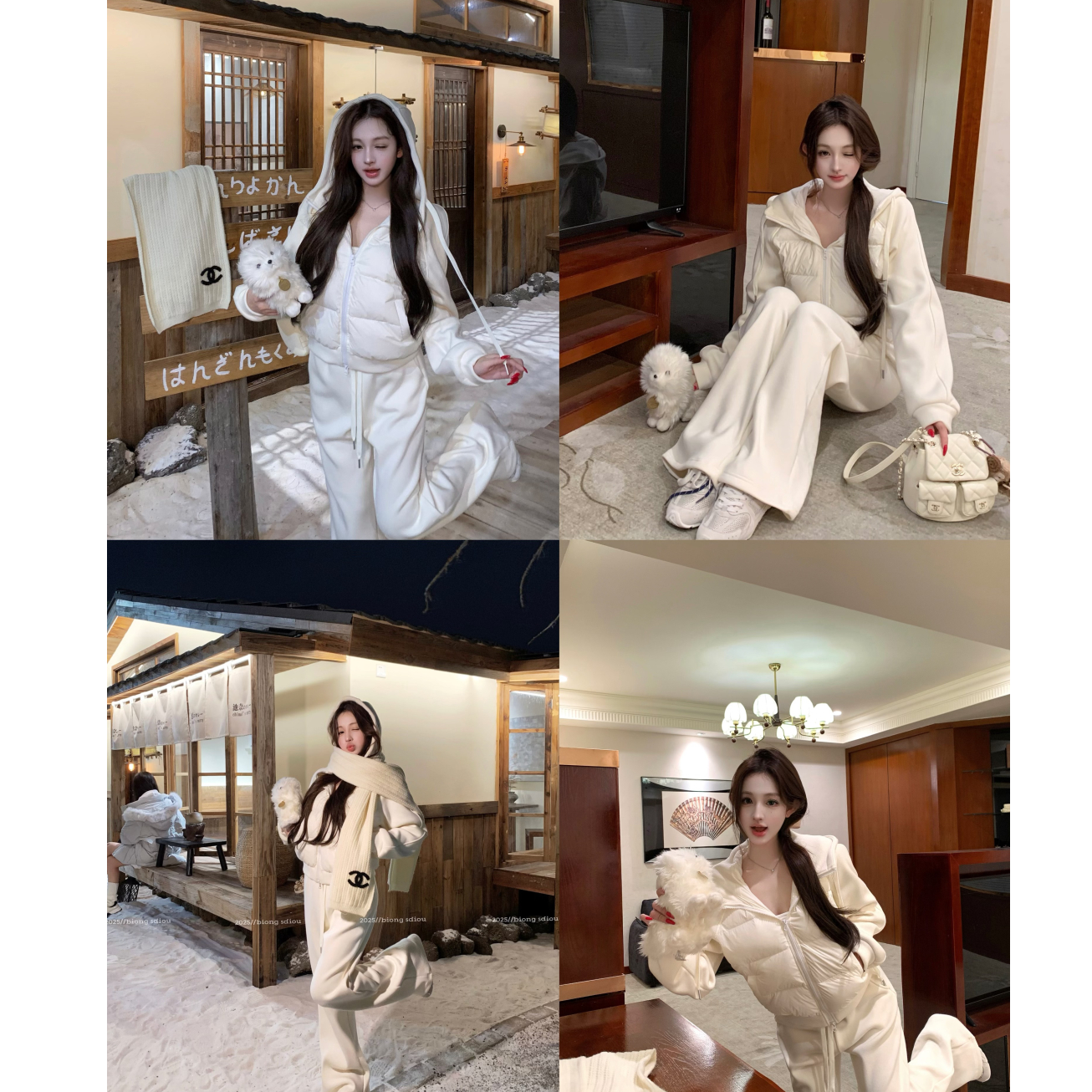 运动风白色拉链保暖连帽外套女秋冬休闲阔腿裤直筒裤两件套