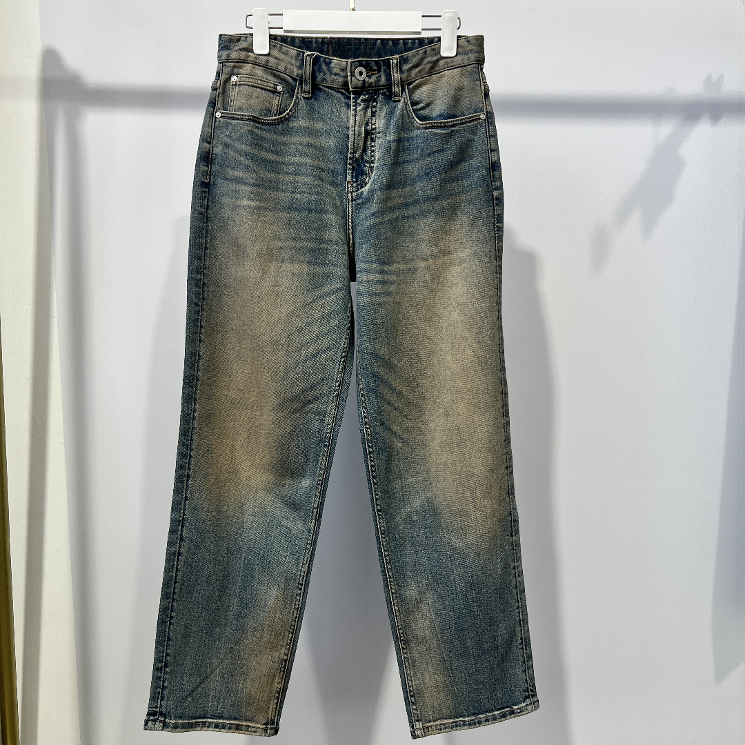 N-11 秋季男款蓝色复古做旧渐变休闲风百搭直筒水洗牛仔裤 F411W