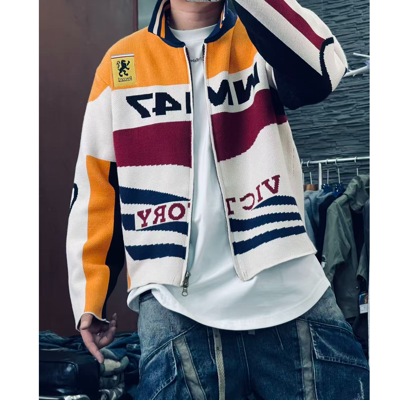 秋冬新品短款机车针织翻领叠穿时尚痞帅百搭宽松短款机车针织1666