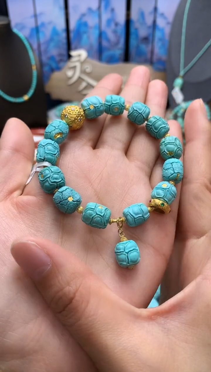 【闪购商品】绿松石手链18K金镶嵌高瓷精工爆裂珠手链