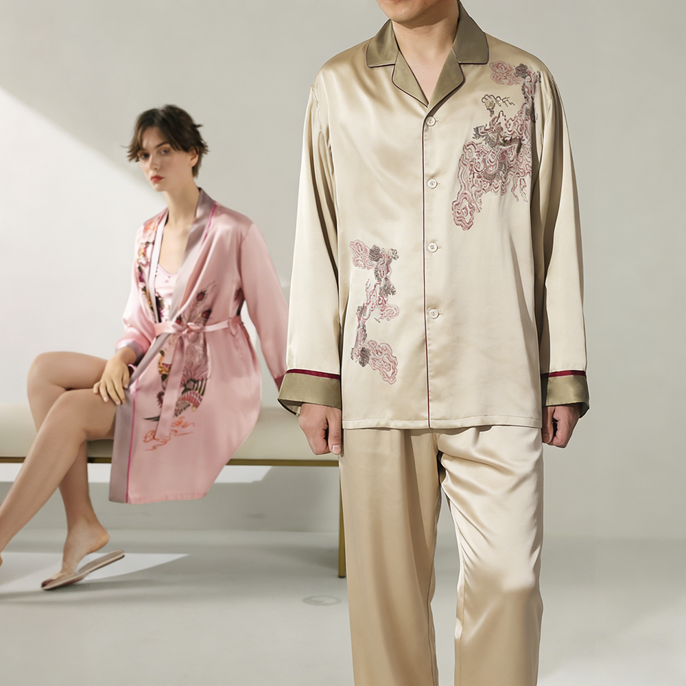 西湖丝韵【龙凤呈祥-重磅情侣款睡袍】纯桑蚕丝龙凤丝绸情侣套装