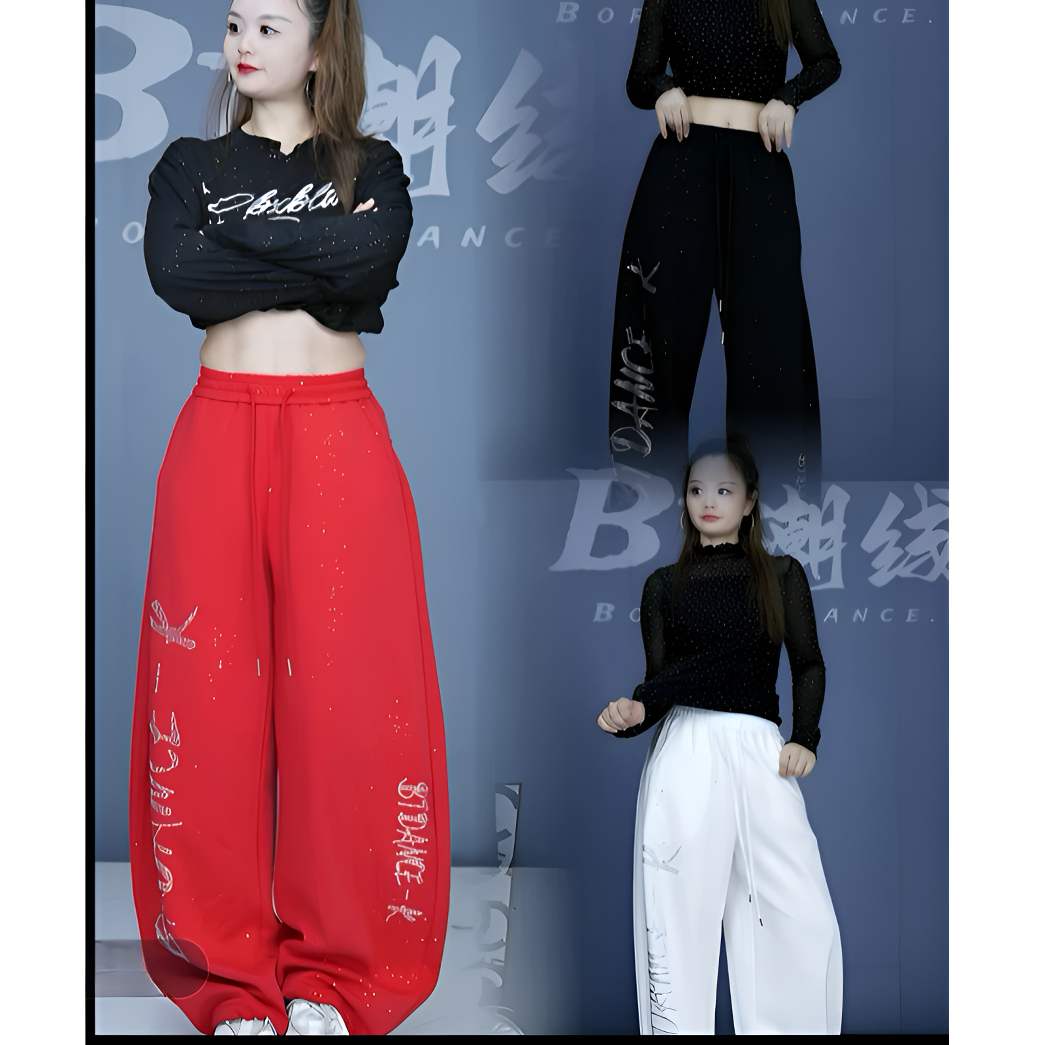 2559款秋阔腿裤运动街舞重工宽松网红正宗跳舞裤子烫钻红色卫裤