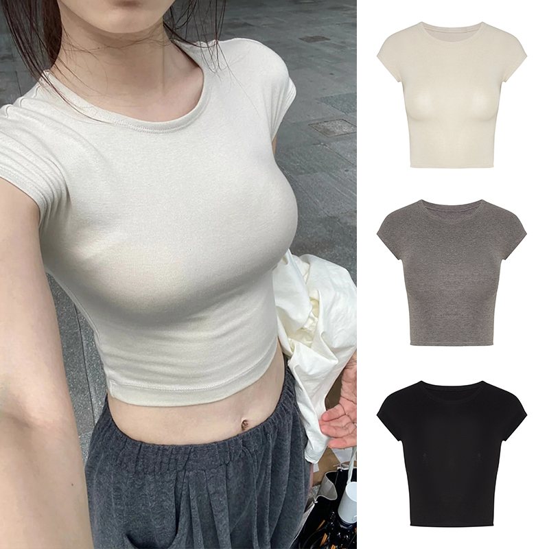早春2025新款美式辣妹露肚脐短款上衣女修身小飞袖圆领短袖T恤