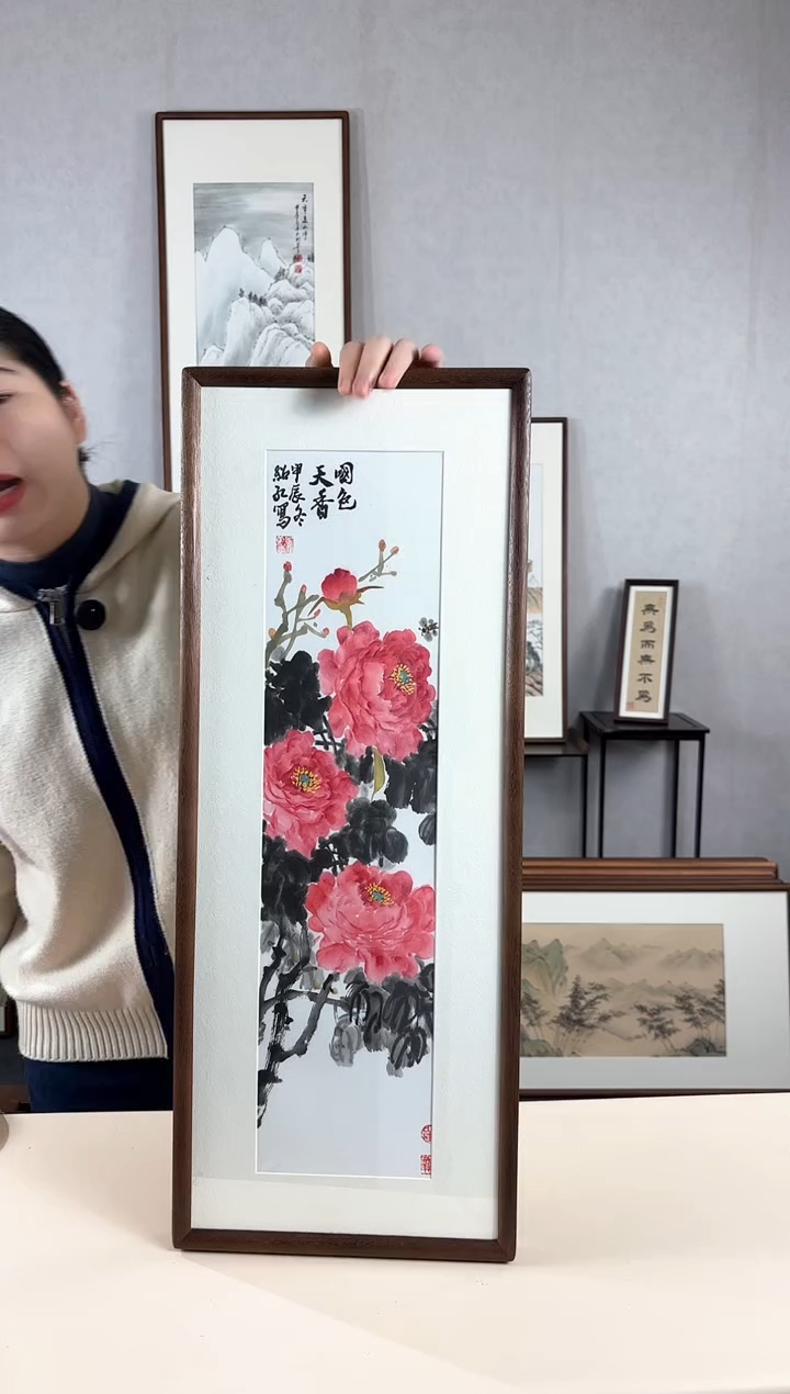 【闪购商品】国画手绘*牡丹*28*72cm实木框