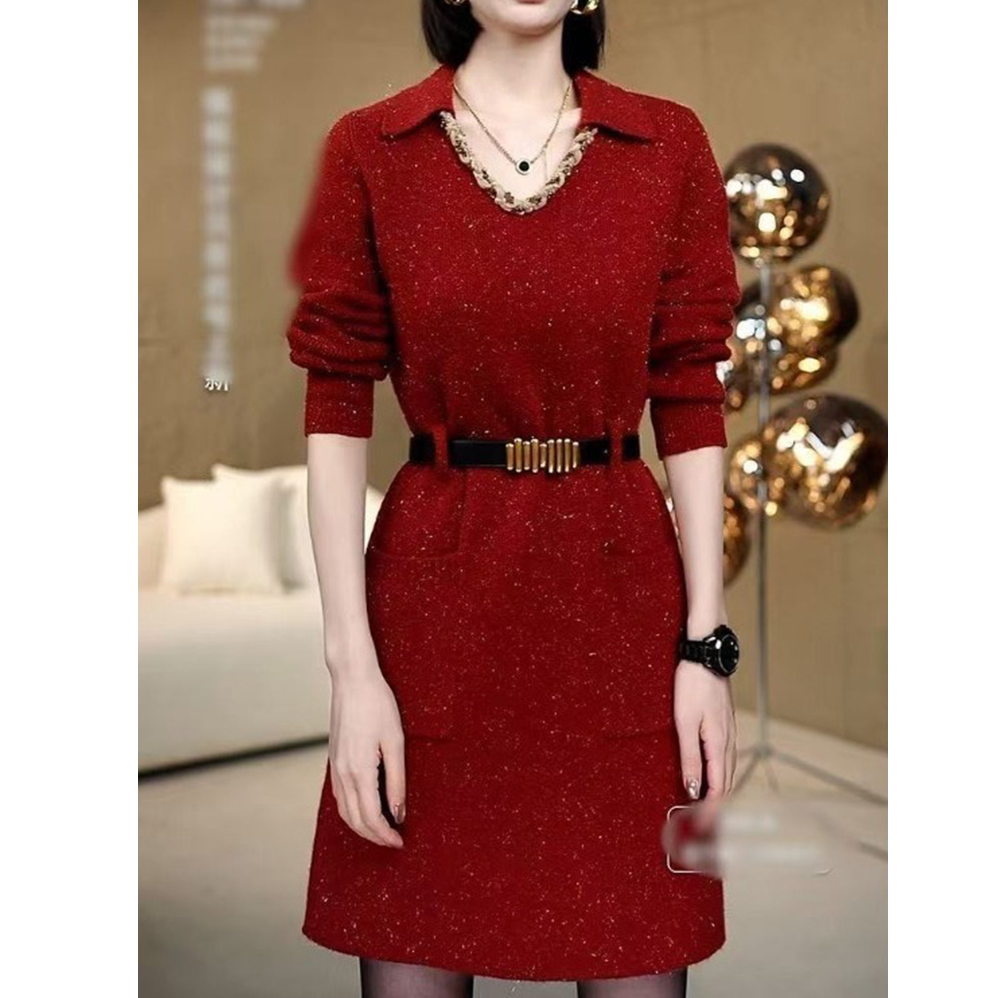 法式针织连衣裙女2025春秋新款时尚洋气收腰显瘦中长款打底毛衣裙