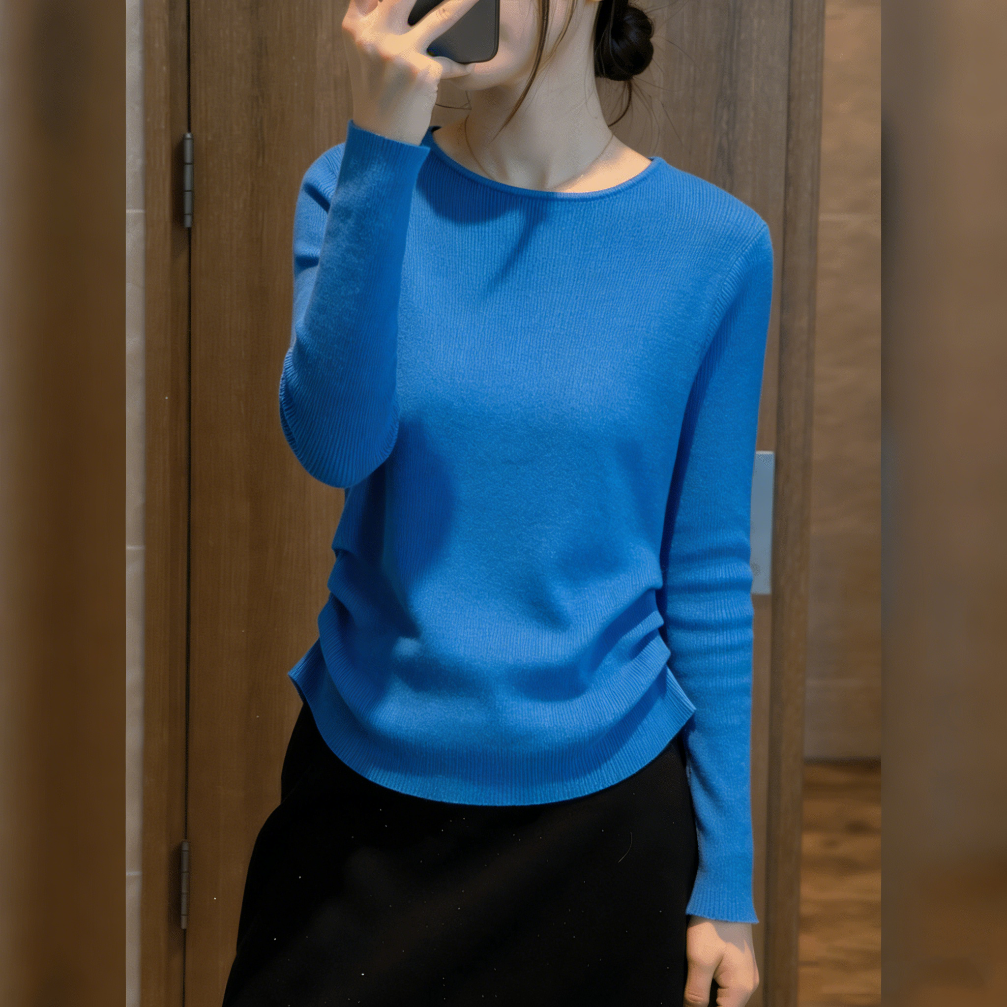 褶皱收腰蓝色打底长袖针织衫女2025秋季新款时尚休闲显瘦内搭上衣