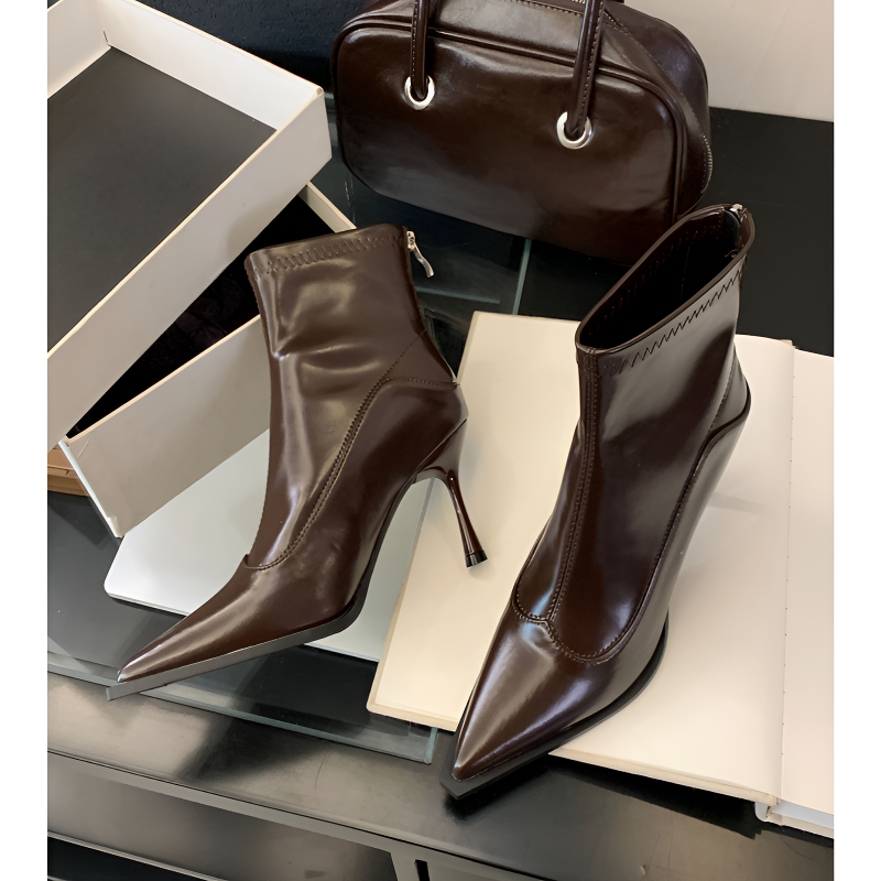 法式高跟短靴女2025年秋季新款细跟尖头瘦瘦靴小众软皮显瘦弹力靴