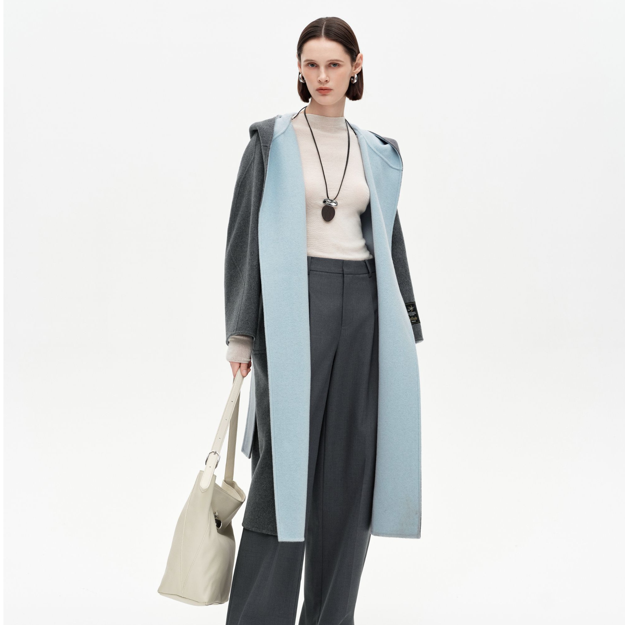 连帽散口袖秋冬长款翻领毛呢外套气质休闲设计师时尚