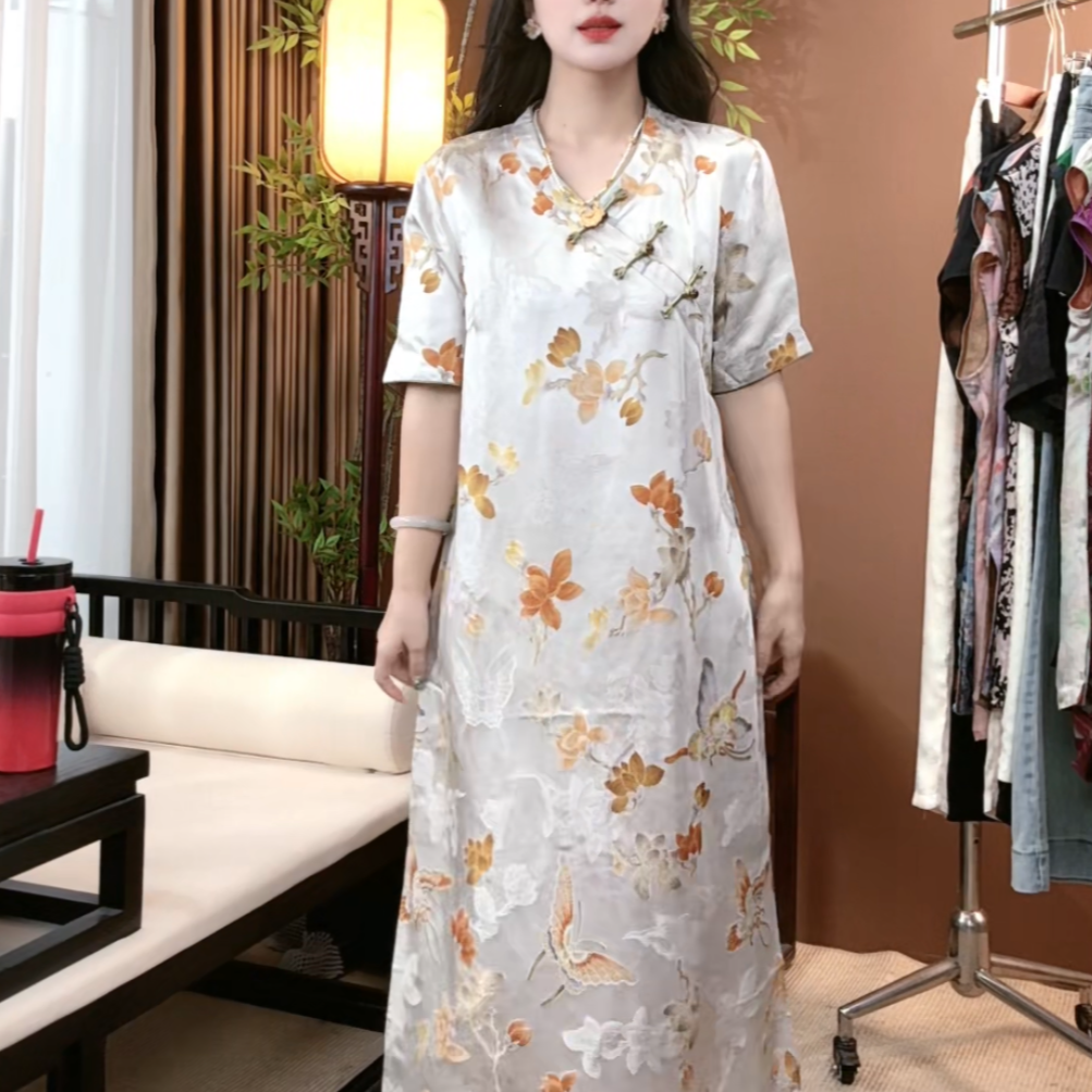 2025夏季新款时尚新中式桑蚕丝连衣裙显瘦百搭旗袍裙S186