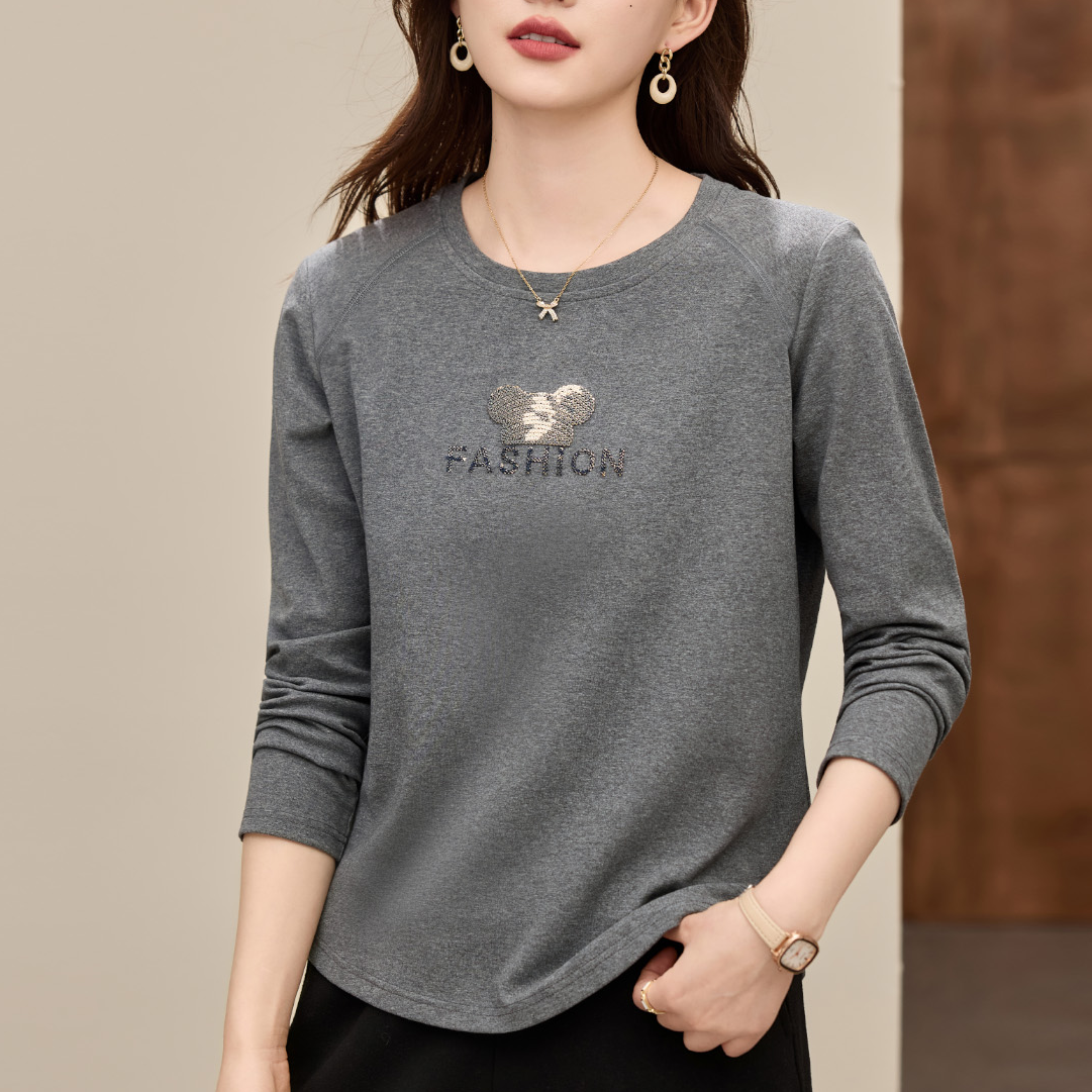 精梳长绒棉花轻奢洋气打底衫正肩宽松圆领长袖t恤时尚减龄女装潮