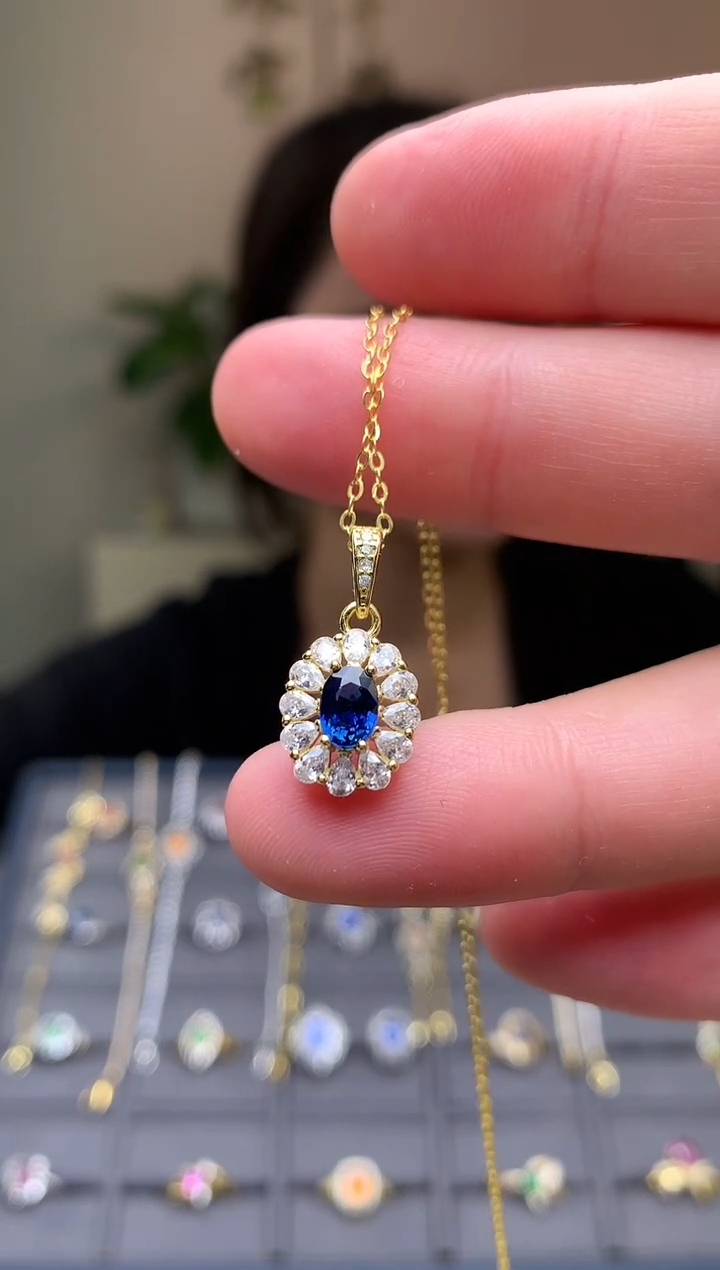 颈饰蓝宝石银S925镶嵌吊坠