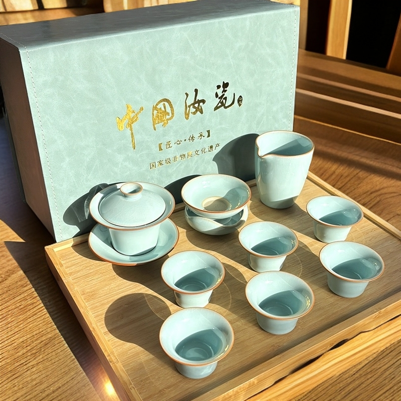【念恩】汝州汝瓷盖碗套装原矿手工天青釉高档汝窑茶具礼盒