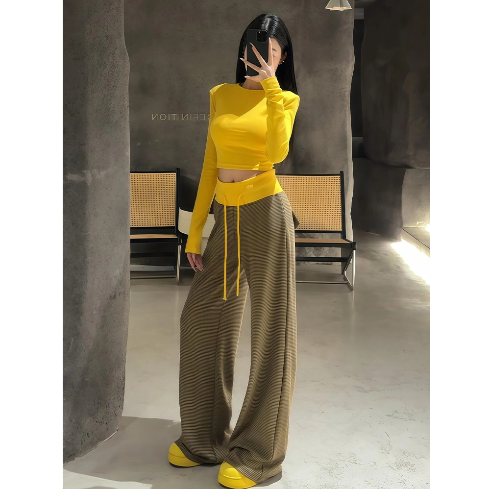 2025早秋高级感韩系氛围感辣妹黄色长袖上衣高腰条纹阔腿裤两件套