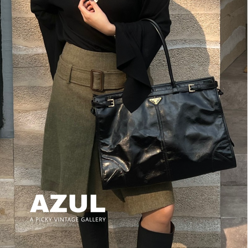 99新 Prada/普拉达 Azul-黑金油蜡皮soft lux超大号手提包/54010